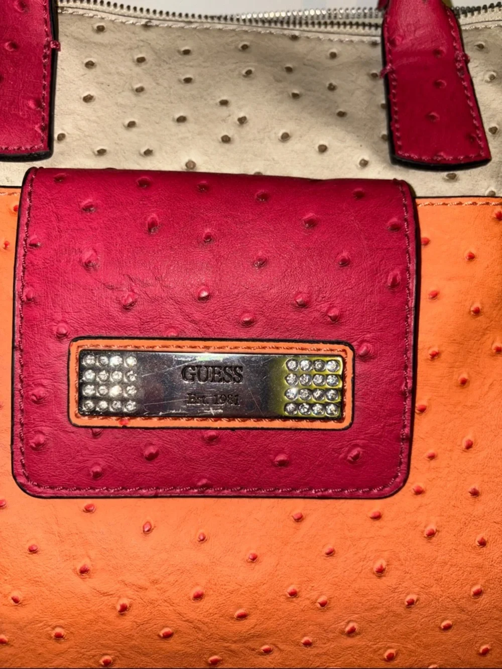Guess Cream, Orange & Pink Faux Ostrich Leather Shoulder Bag Rhinestone - Picture 2 of 5